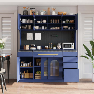 (Assembly Video Offered) Freestanding 63'' W Buffet with Hutch, Large Coffee Bar Storage Cabinet with 6 Drawers, 5 Cabinets with Adjustable Shelves,Pegboard,Towel Rack, Power Outlet, Blue