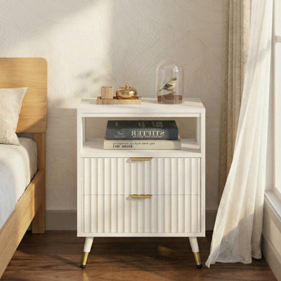 Mid-Century Modern 2-Drawer Nightstand , Fluted Bedside Table with Open Shelf, Storage End Table For Bedroom, Living Room, and Sofa