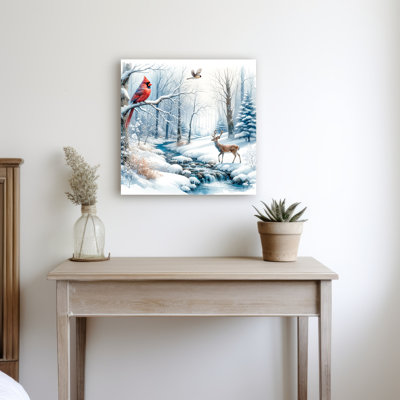 «Crystal Winter: Majestic Deer and Cardinal in Snowy Forest», art mural sur toile