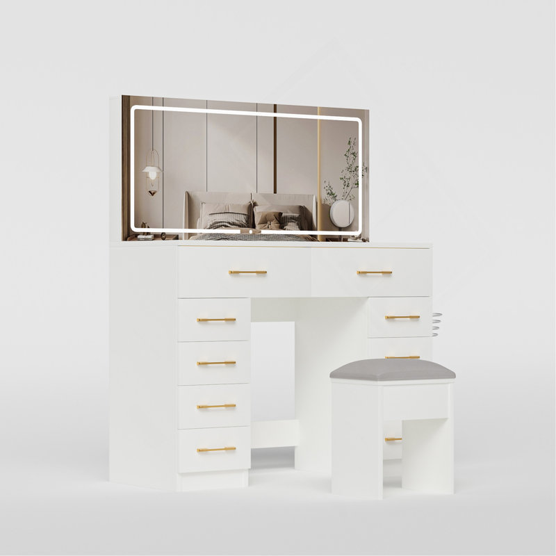 Meuble-lavabo de 46 po avec miroir à 10 tiroirs avec miroir et tabouret, 3 coiffeuses, prise de courant, glissières silencieuses et grand meuble-lavabo blanc