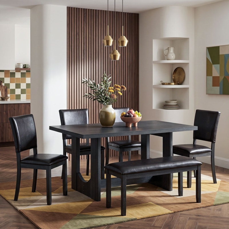 Ensemble de table de salle à manger six pièces avec quatre chaises rembourrées et banc