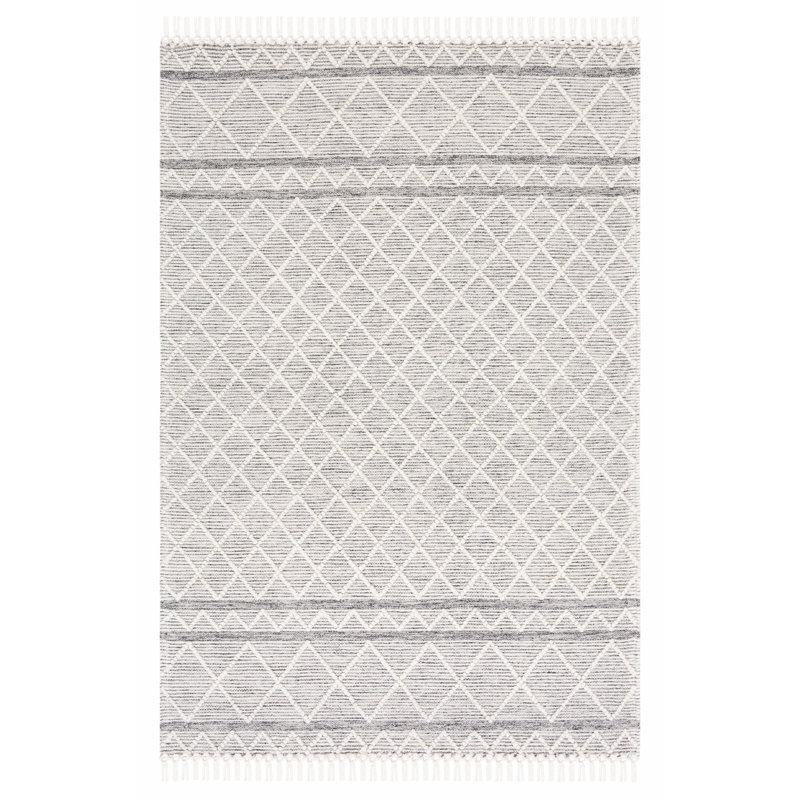 Tapis gris / ivoire tissé à la main en laine / coton Perkinsville, Rectangle 3 pi x 5 pi
