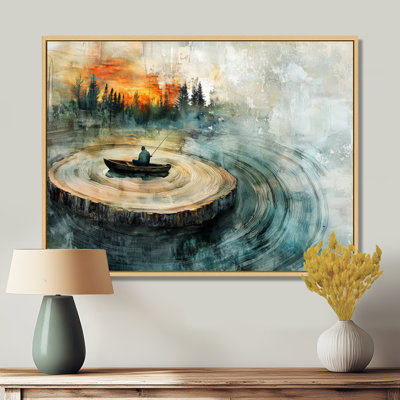 Pêche tranquillité en bois diapositive paysage II - bateau pêche art mural pour le salon