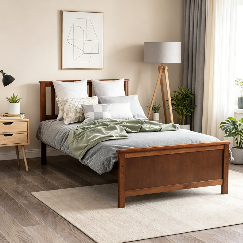  Lit plateforme simple en bois avec tête de lit, pied de lit et support à lattes de bois, lit simple, lit en bois, Noyer