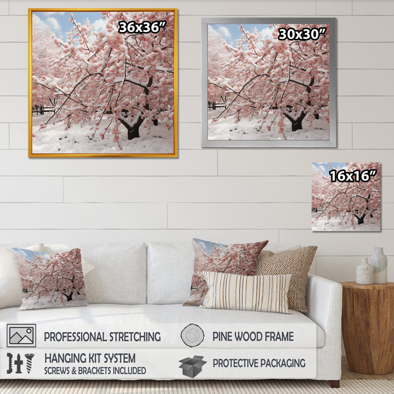 Hiver neige sur arbre de fleurs de cerisier roses - Art mural fleur de cerisier, Toile tendue, H 16 po x l 16 po x P 1 po