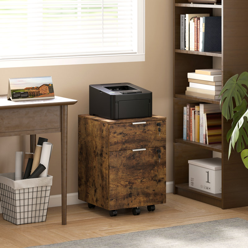 HOMCOM Mobile File Cabinet Wheels 2 Drawer, Brown/Brown