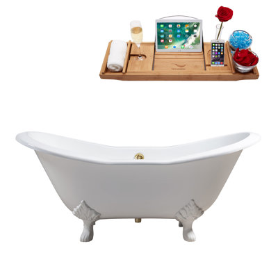 72" Streamline Clawfoot Soaking Cast Iron Bathtub With Drain, Clawfeet, and Bamboo Tray