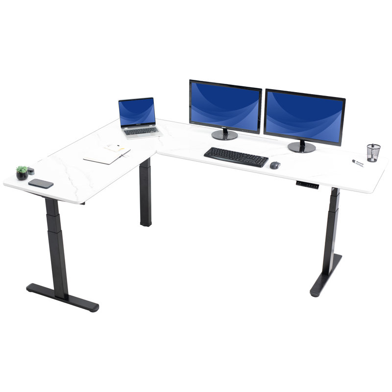 Vivo Electric 83" X 60" Stand Up Corner Desk, White Marble Dry Erase, Black