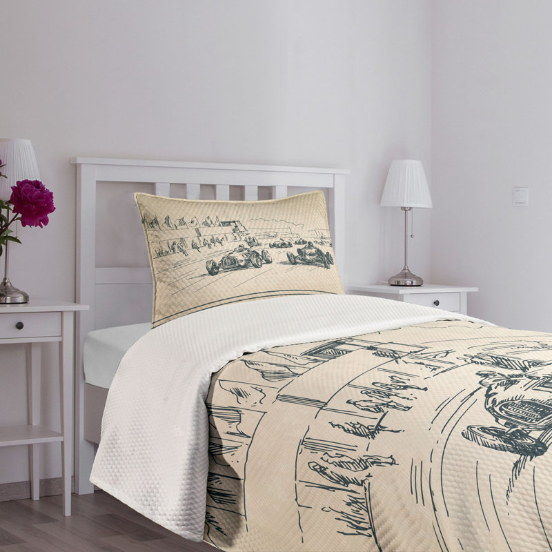 Twin Beige and Forest Green Racing Car Sketch Bedspread Set