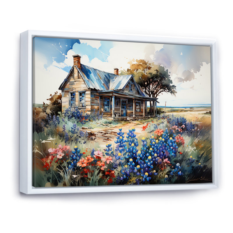 «Blue Bonnets Farm Charm» sur toile, Cadre flottant blanc, H 12 po x l 20 po x P 1 po