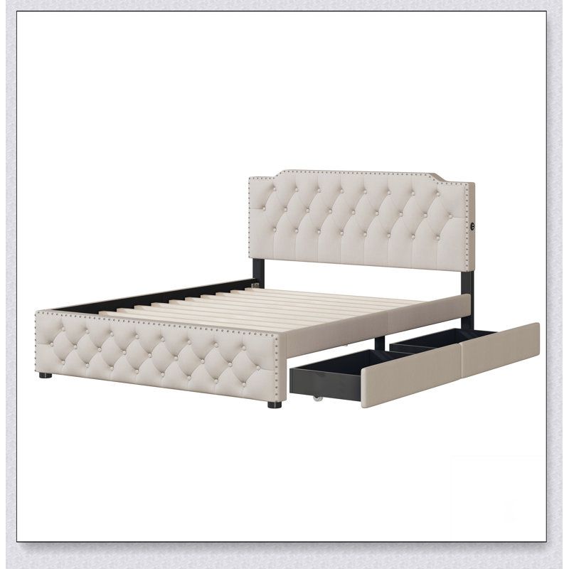 Lit plateforme tapissier avec lit gigogne et 2 ensembles de ports USB de chaque côté, Beige