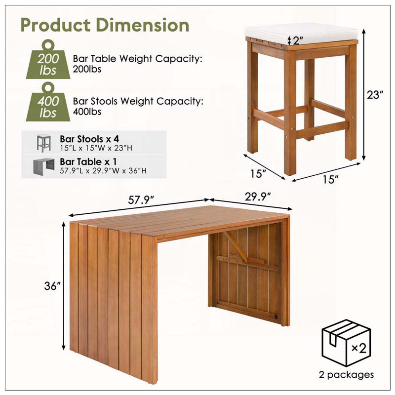 Ensemble de bar d'extérieur 5 pièces en bois d'acacia avec coussins beiges