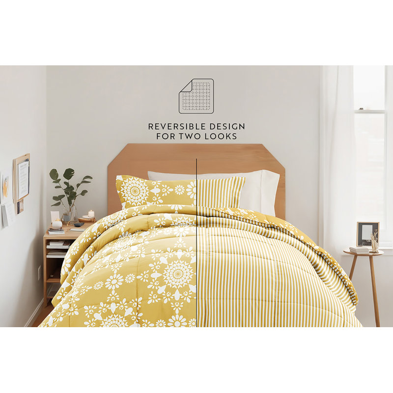 8-PC College Dorm Twin XL Bedding Bundle - Comforter Set, Sheet Set, Pillows and Laundry Bag, Daisy Medallion Yellow
