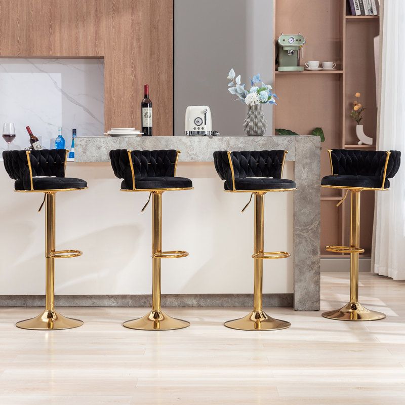 Ensemble de 4 tabourets de bar George avec dossier rembourré en velours tissé, tabourets de comptoir réglables en hauteur, tabourets de cuisine pivotants pour îlot de cuisine, bar, noir