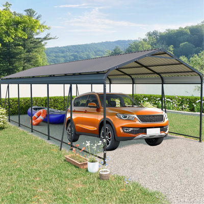 Abri d'auto robuste 12 X 32 Ft avec cadre et toit en acier galvanisé, convient aux voitures, camions, bateaux, rangement extérieur polyvalent, abri barbecue, aire de rassemblement, intempéries haute résistance, rouille, poudre