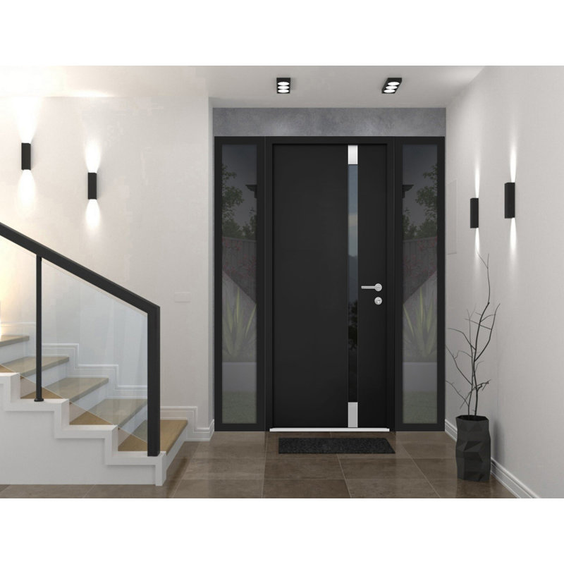 Porte d'entrée extérieure prémontée en acier Cynex 6777 noire, avec 2 fenêtres latérales et supérieures, inserts en acier inoxydable, style moderne, peinte, dimensions : L 12 + 32 + 12 x H 80 + 16, ouverture à gauche vers l'intérieur.
