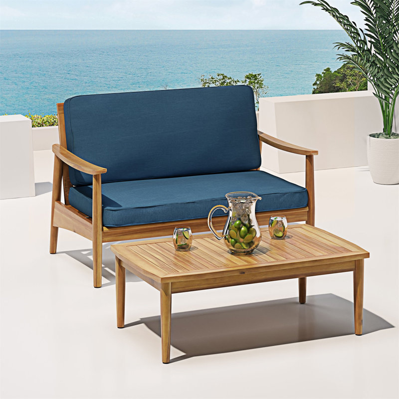 Ensemble de conversation en bois pour patio avec coussin, Bleu très foncé, Teak