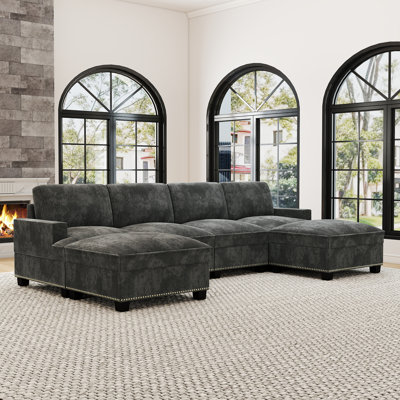 6-Piece Modern Spacious U-Shaped Corduroy Chaise Sectional Sofa, Cloud Couch With Ottomans