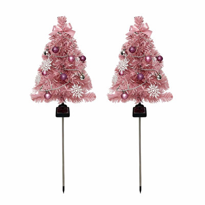 2 Pcs Solar Pinky Christmas Tree Stake Light Outdoor Waterproof Garden Lawns Landscapes Decoration LED Holiday Pathways Yard Christmas Decor