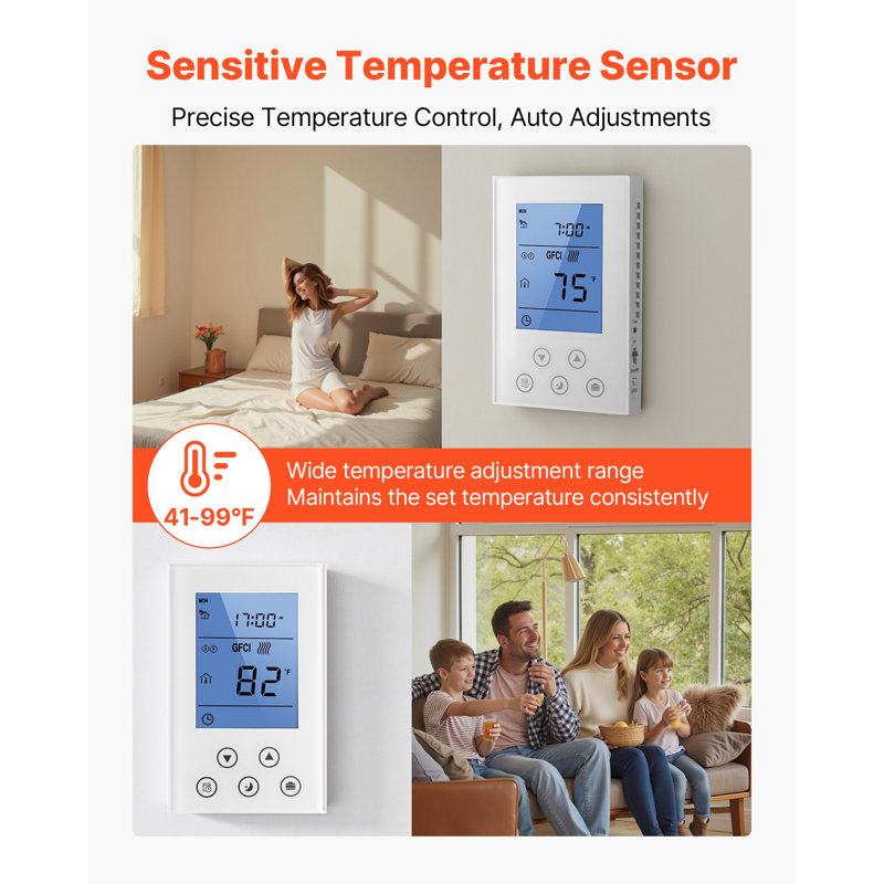 7-Day Programmable Thermostat, Home Thermostats For Radiant Underfloor Heating Cable,Heat Pump, Built-In GFCI And Sensitive Sensor, LED Screen With Backlight,Energy-Efficient,White