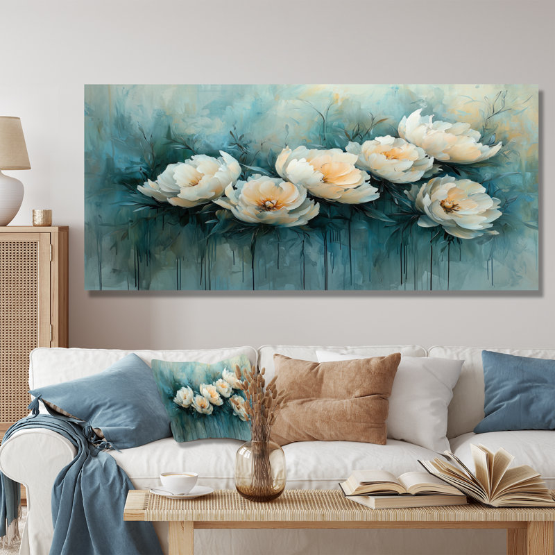 «Winter Blue Watercolor Peony Elegance III», reproduction d'art sur toile encadrée, 24" H x 32" W, Toile tendue