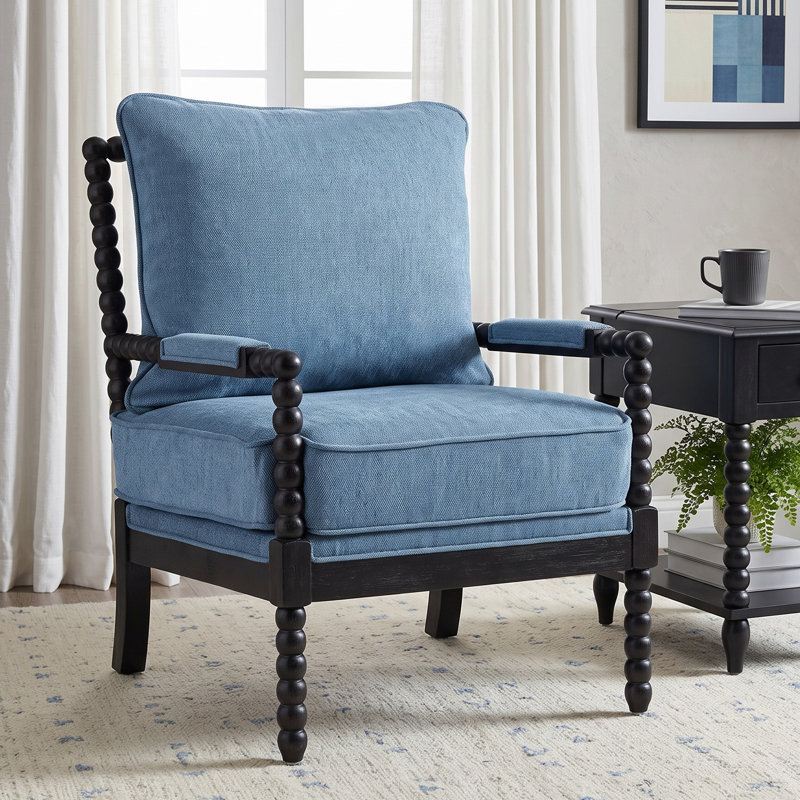 Élégante chaise d'appoint à pieds fuselés de 25,5 po de large avec dossier et siège rembourrés Ocelia, Polyester bleu