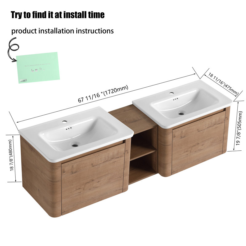 Meuble-lavabo mural flottant avec plateau en céramique, 68"