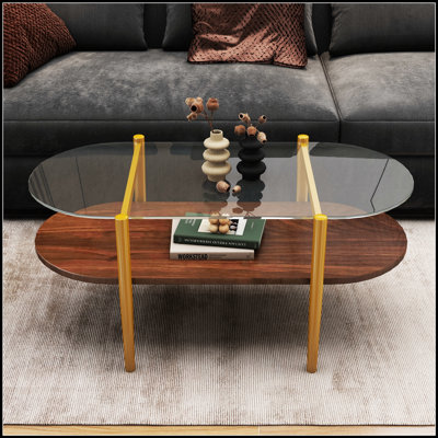 Table basse ovale en verre, design moderne Mid-Century, L41 x l 21 x H 17 po, pour le salon, structure à 2 niveaux, plateau en verre transparent et tablette en bois au fini noyer, pieds coniques