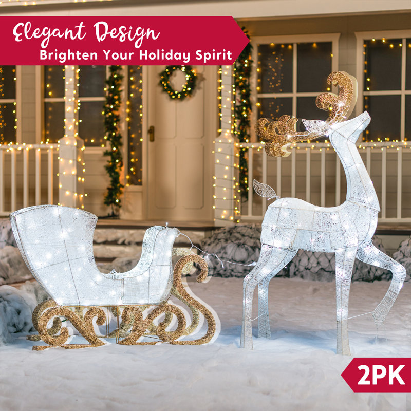 2 Piece Reindeer and Sleigh Lighted Display Set