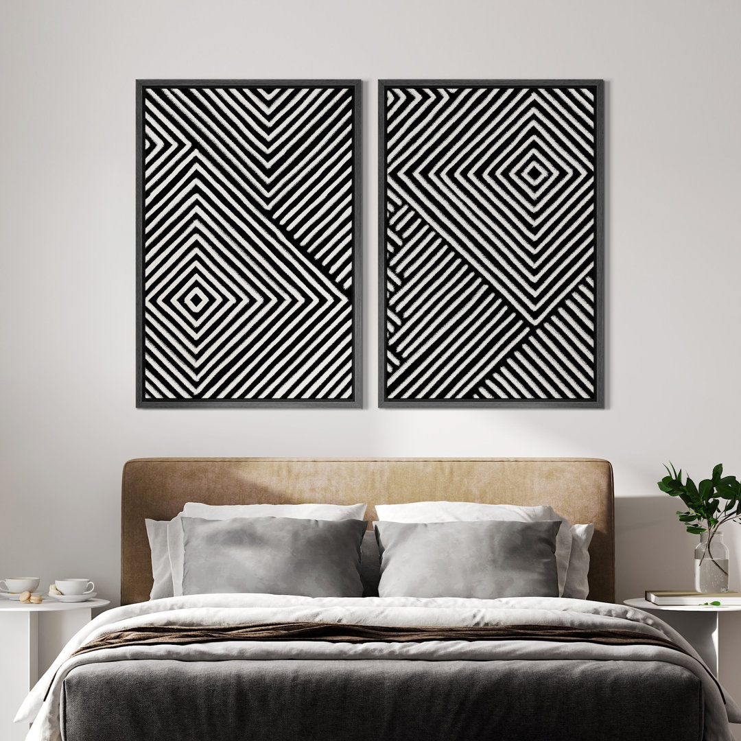 3D Illusion Effect Black And White Geometric Modern Pictures Framed Canvas 2 Pieces Print Wall Art IDEA4WALL Frame 
