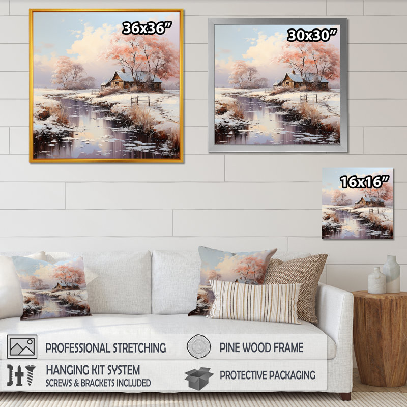Ferme et rivière, paysage d'hiver I - reproduction, Cadre naturel flottant, H 16 po x l 16 po x P 1 po