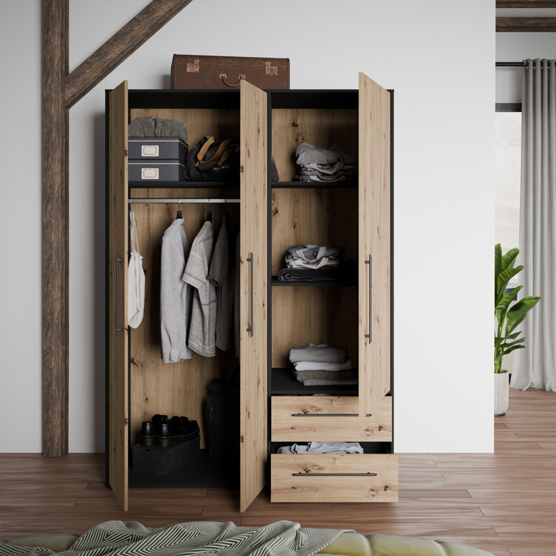 Mijah 3 Door Manufactured Wood Wardrobe, Matte Black/Oak