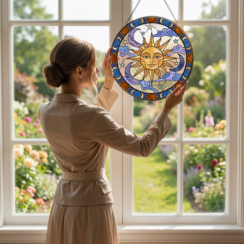 Panneau de vitrail Sun Moon ， 7,8H, H 7,8 po
