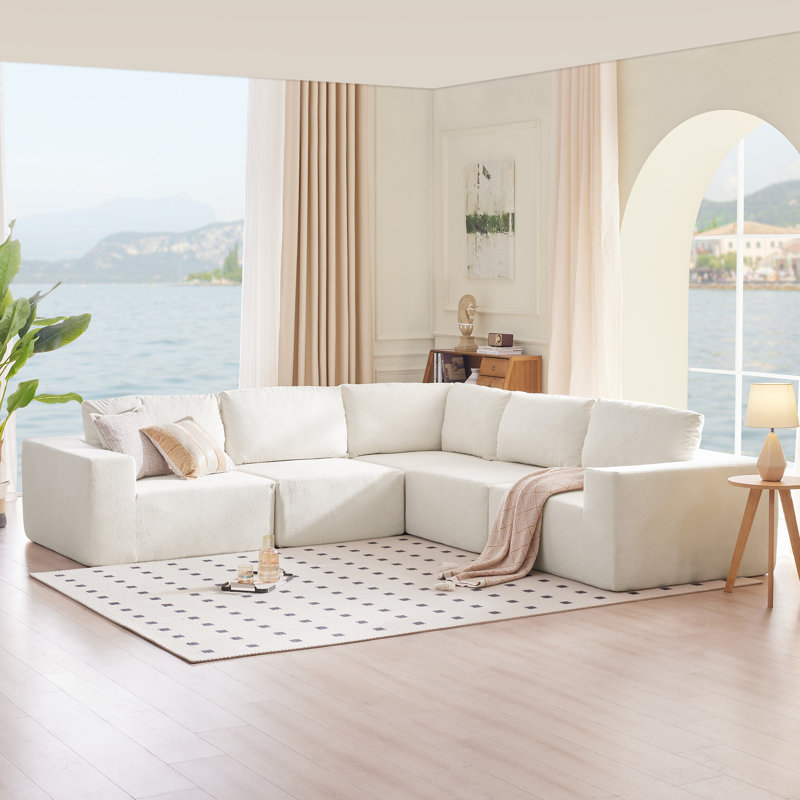 116 po Canapé modulaire carré en polyester 5 pièces à accoudoirs carrés gris, Tissu beige