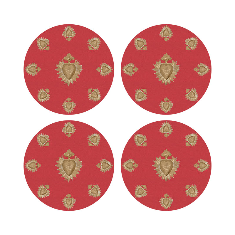 Ex Vote Orange Vegan Leather Round Coasters, Crimson