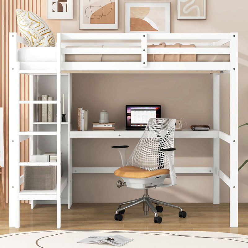 Lit mezzanine double avec tablettes multifonctionnelles et bureau sous le lit, Blanc