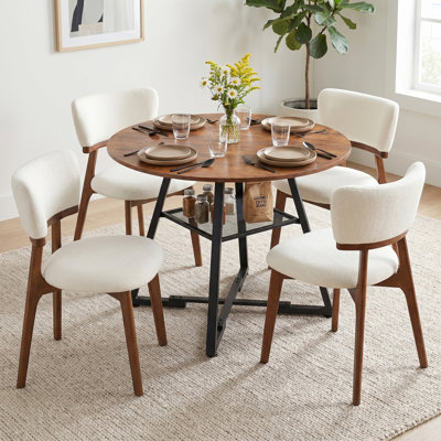 Industrial Round 47in Rust Brown Dining Table & 4-piece Beige Upholstered Solid Wood Dining Chair, Fixed Kitchen Table With Mesh Storage Shelf And Cross Legs For Dining, Family Gathering