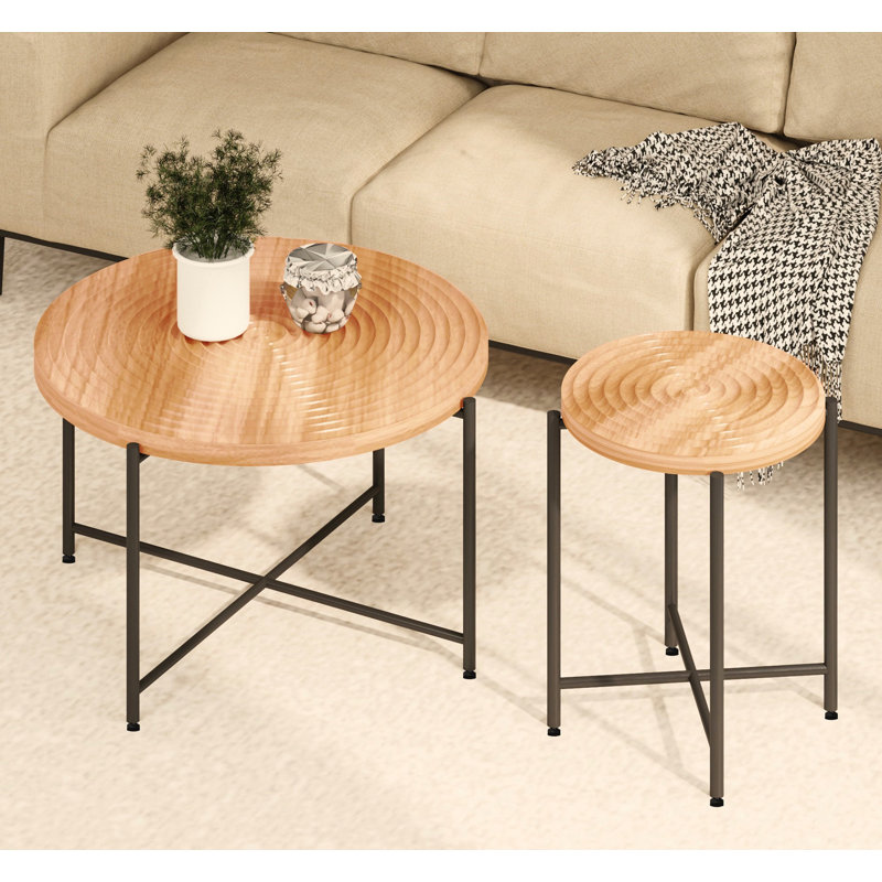 Ensemble de 2 tables basses et tables de bout - Panneau de fibres à densité moyenne imperméable avec revêtement en PVC, conception cylindrique vieillie, pieds en métal noir - charme rustique classique, brun cèdre rouge