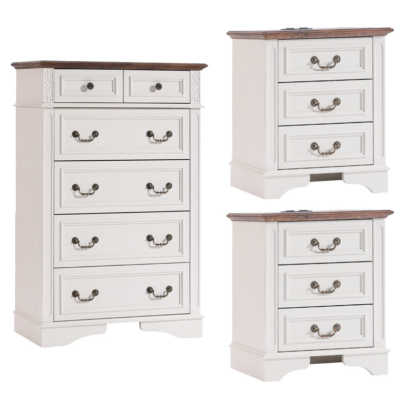 Ensemble de chambre à coucher 3 pièces - commode 6 tiroirs et 2 tables de chevet, Brun foncé / blanc