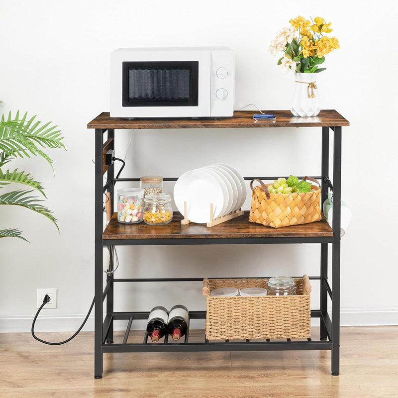 Îlot de cuisine avec rangement, table d'îlot de cuisine avec prise de courant à 3 niveaux et support à micro-ondes pour la maison, la salle à manger