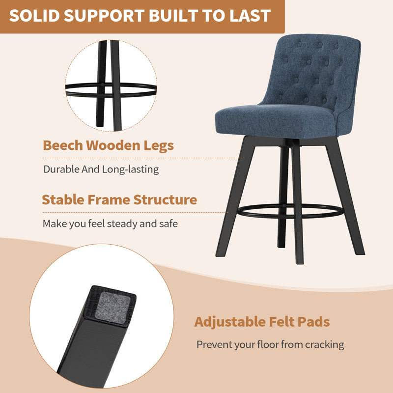 Swivel Upholstered 26'' Counter Stool Wood Leg, Navy, Counter Stool (26" Seat Height), 2