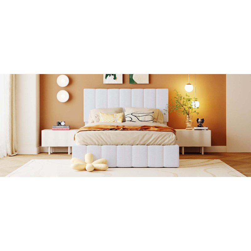 Upholstered Platform Bed With A Hydraulic Storage System, Full , White