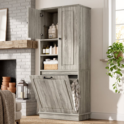 Grande armoire de rangement moderne avec panier rabattable, tablettes réglables et armoires fermées pour la salle de bain ou le salon