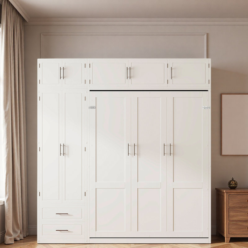 Grand lit escamotable mural avec armoire supérieure, tablettes et garde-robe, lit pliant peu encombrant, Blanc