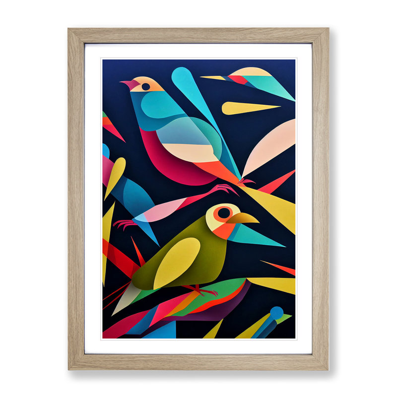 Pair Of Birds No.4 Abstract - Single Picture Frame Print, 64cm H x 46cm W, Oak