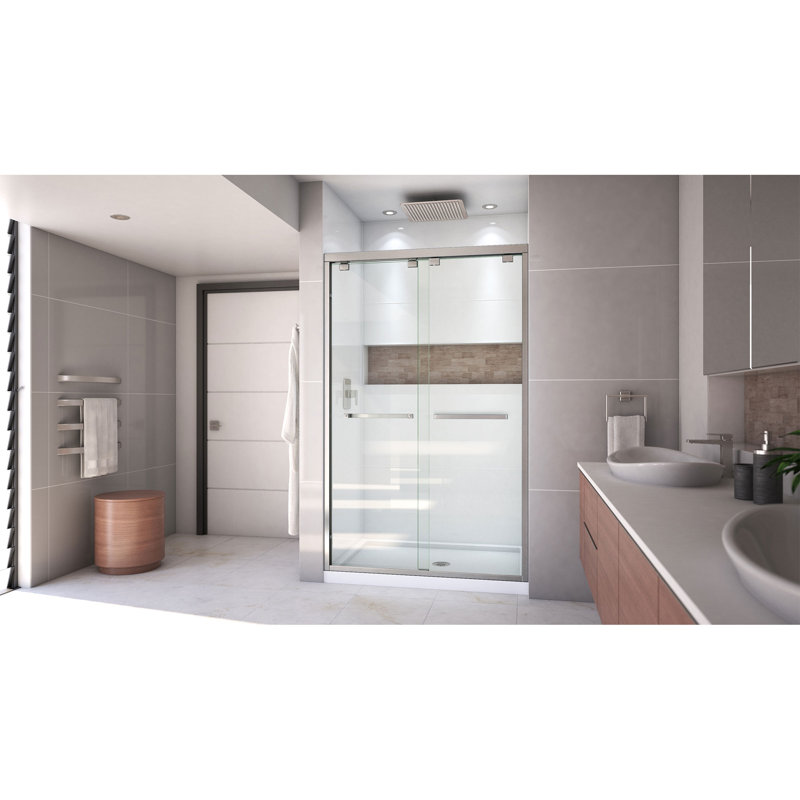 Encore 48" W x 32" D x 78.75" H Semi-Frameless Rectangle Shower Enclosure with Base Included, Brushed Nickel/White, Center