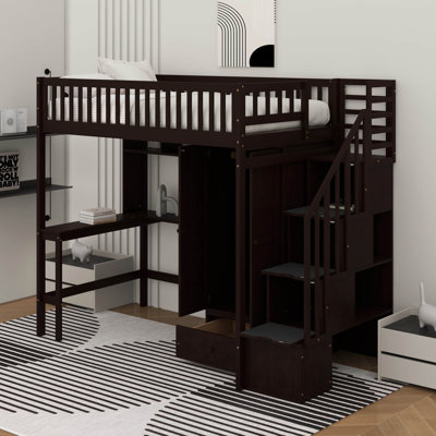 Lit mezzanine double avec tiroirs, bureau et garde-robe
