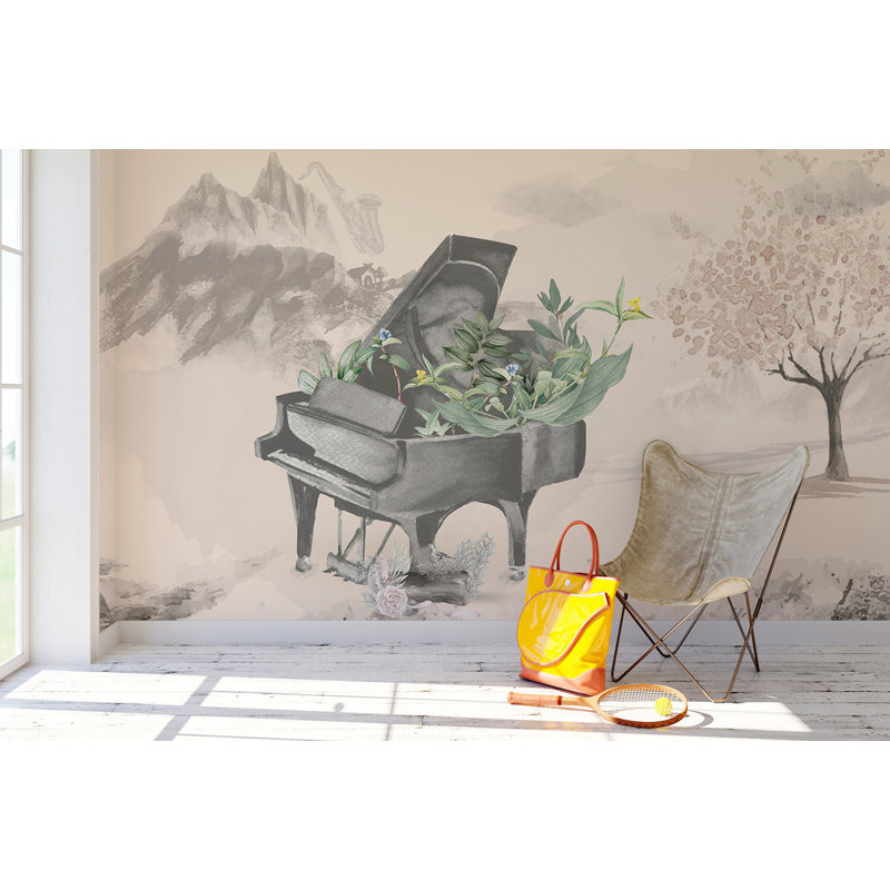 Papier peint amovible avec musique, paysage de montagne et piano, L 48,96 po x l 75 po