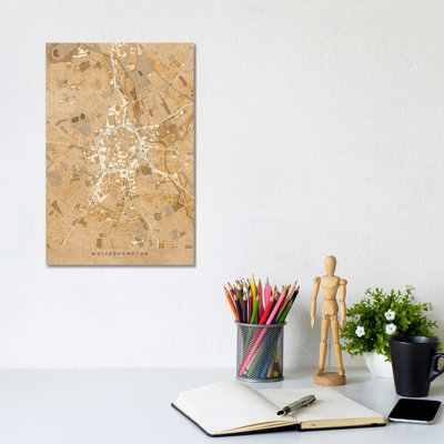 Map Of Wolverhampton (England) In Sepia Vintage Style by Blursbyai - No Frame Gallery-Wrapped Canvas Giclée on Canvas