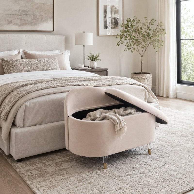 Banc d'appoint courbé en métal moderne avec compartiment de rangement pour la chambre à coucher - Banc rembourré en velours pour salle à manger ou salon - 32 po, crème